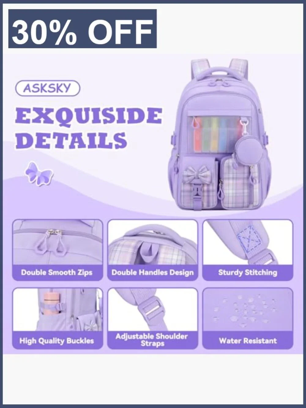 Girls Backpack with Coin Purse, Lightweight 22.9L, 9 Pockets, Travel Camp